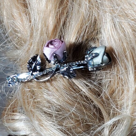 Mauve & Sage Green - Petite Silk Roses Hair Barrette - Hair Clip - Picture 4 of 7